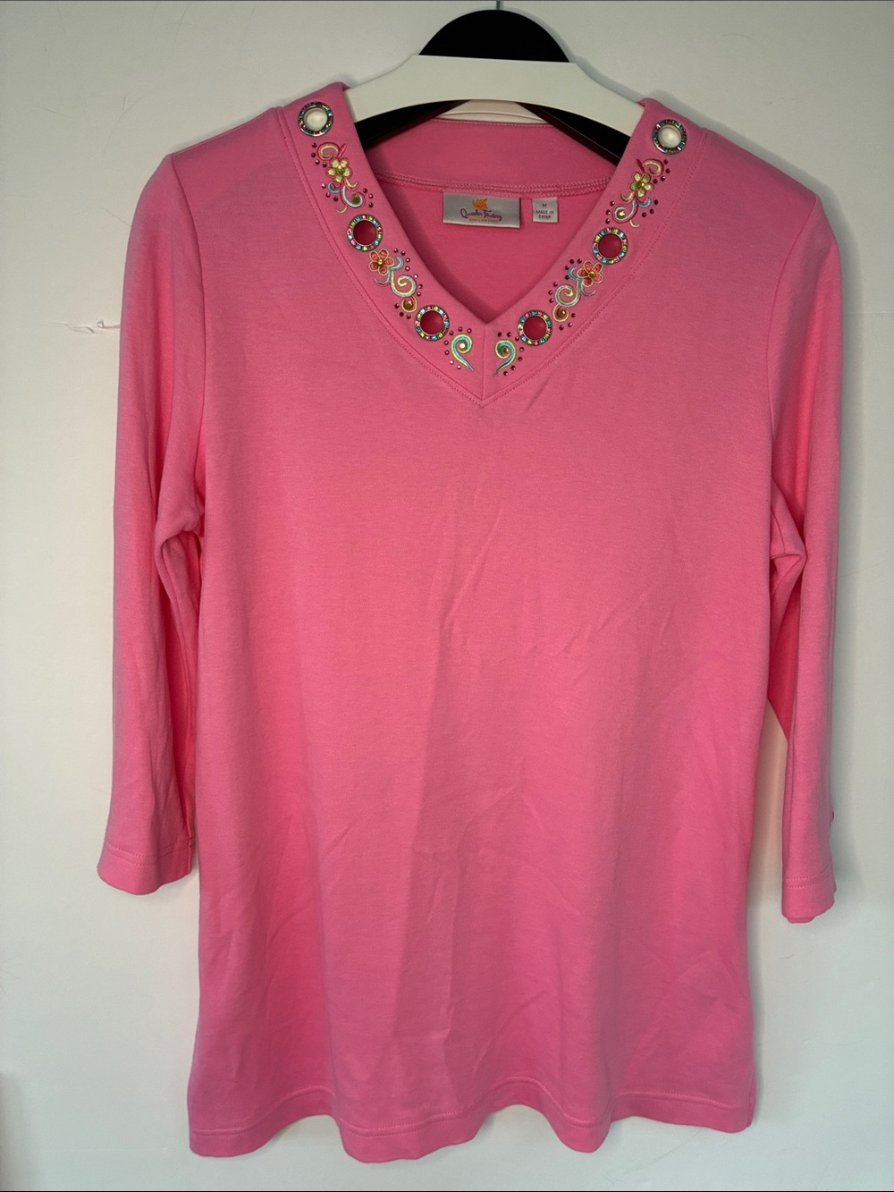 Quacker Factory Pink V-Neck Long Sleeve Top 100% Cotton Embellished Medium